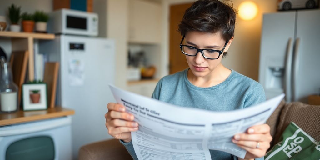 Person reviewing an energy bill with appliances around.