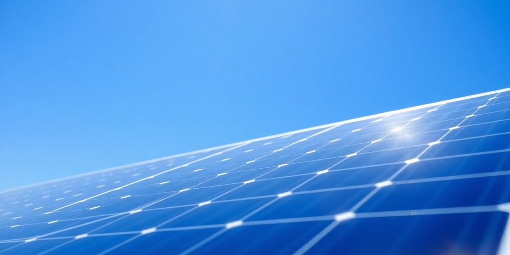 Solar panel reflecting sunlight under a clear blue sky.