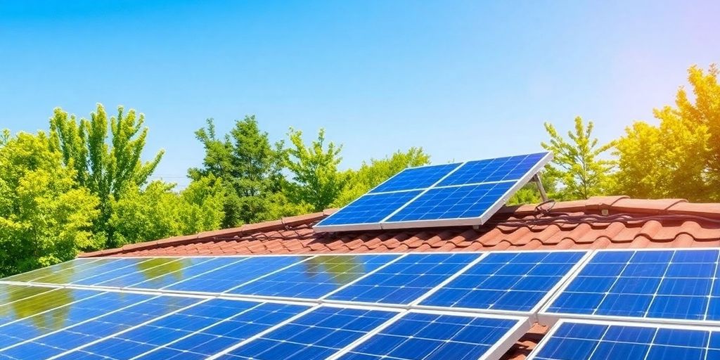 Rooftop solar panels on a sunny day with greenery.