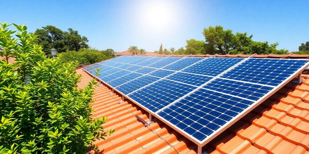 Rooftop solar panels with sunlight and greenery around.