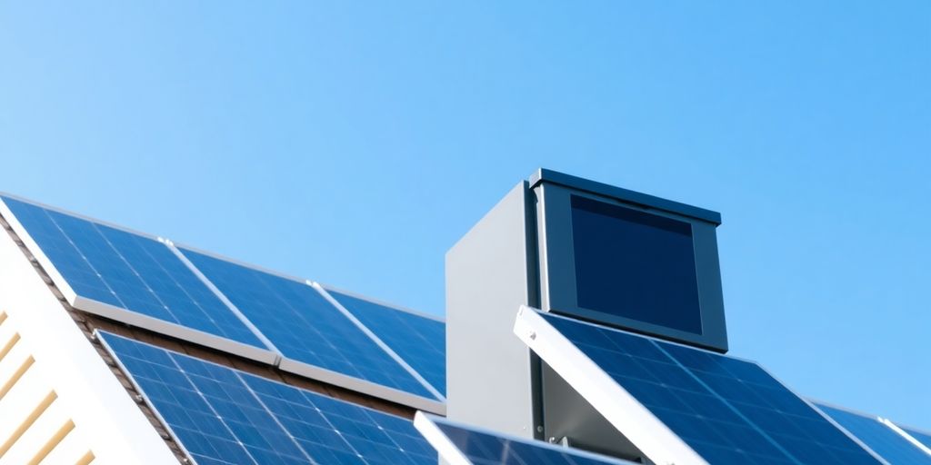 Solar battery with solar panels under a clear blue sky.