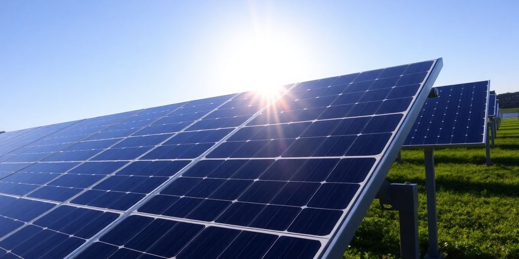 Solar panels under a bright sun with a green landscape.