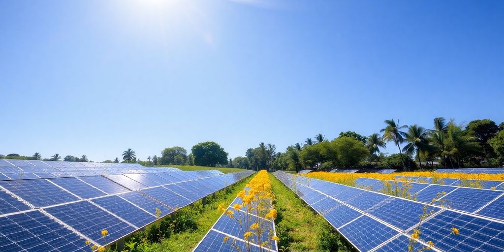 Solar panels in a lush, sunny landscape with blue sky.